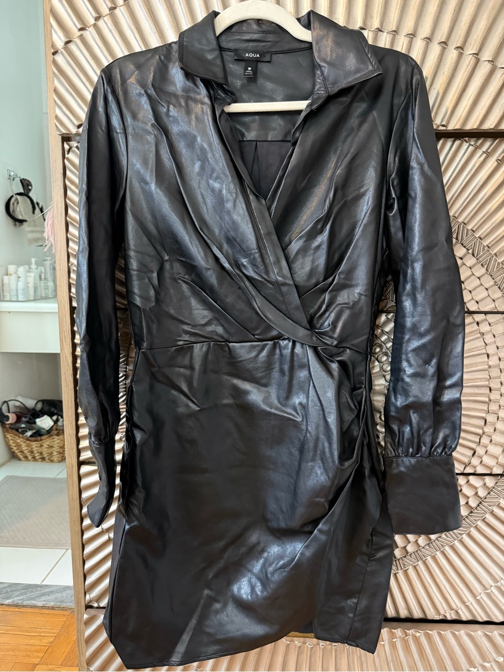 Aqua Black Faux Leather Wrap Dress Jacket